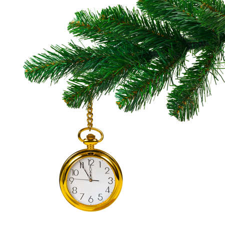 Christmas tree and clock isolated on white background