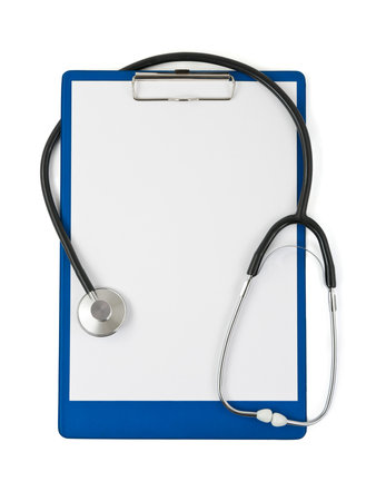 Medical clipboard and stethoscope isolated on white backgroundの写真素材