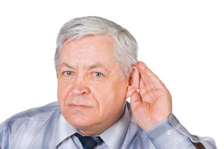 Man in listening pose isolated on white background