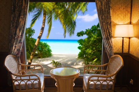 Hotel room and landscape - vacation concept backgroundの写真素材
