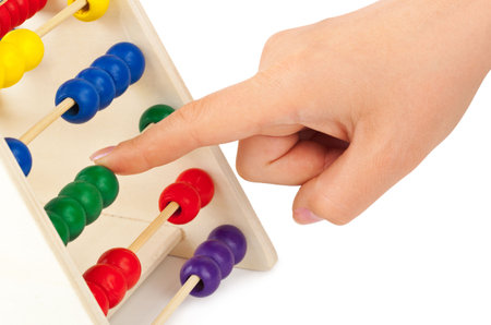 Hand and abacus isolated on white background