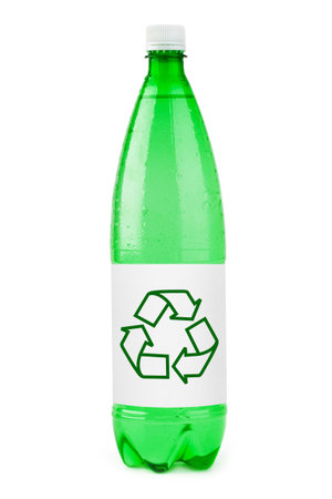Water bottle with recycling sign isolated on white backgroundの写真素材