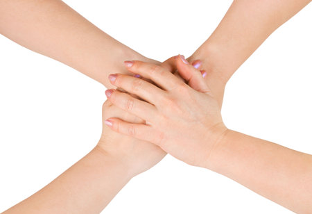 Connected hands isolated on white backgroundの写真素材