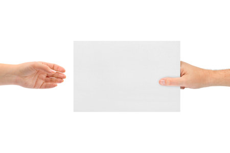 Hands and paper isolated on white backgroundの写真素材