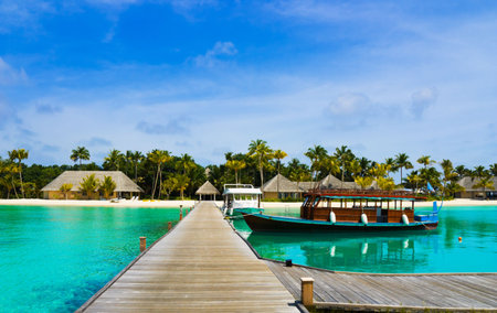 Boat moored at tropical island - travel backgroundの写真素材