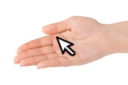 Computer cursor in hand isolated on white backgroundの写真素材