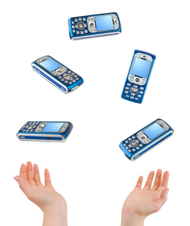 Juggling hands and phones isolated on white backgroundの写真素材