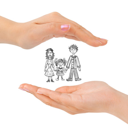 Cupped hands and family isolated on white backgroundの写真素材