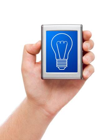 Hand with screen and lamp isolated on white backgroundの写真素材