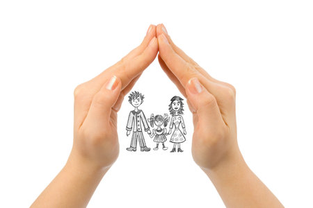 Family in house made of hands isolated on white backgroundの写真素材