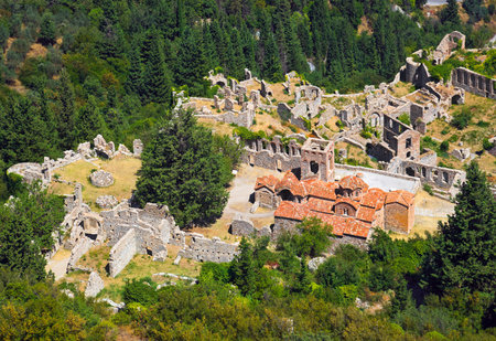 Ruins of old town in Mystras, Greece - travel backgroundの写真素材