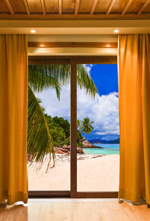 Hotel room and beach landscape - vacation concept backgroundの写真素材