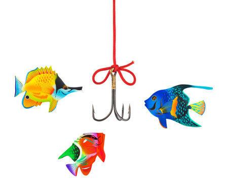 Fishing hook and string isolated on white backgroundの写真素材