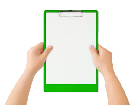 Clipboard in hands isolated on white backgroundの写真素材