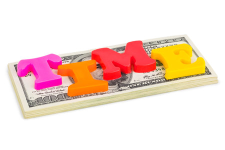 Word Time on money - business concept isolated on white backgroundの写真素材