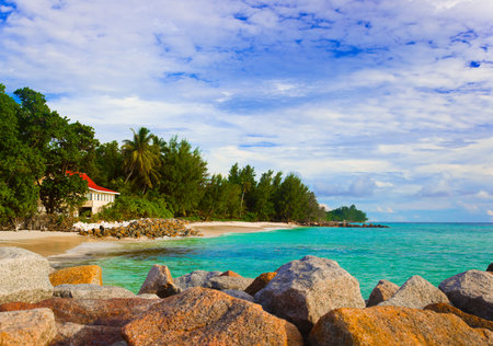 Hotel at tropical beach, Praslin, Seychelles - vacation backgroundのeditorial素材