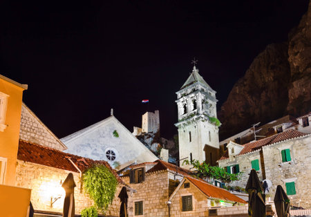 Old fort in Omis, Croatia at night - architecture backgroundの写真素材