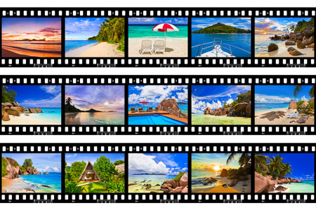 Frames of film - nature and travel (my photos) isolated on white backgroundの写真素材