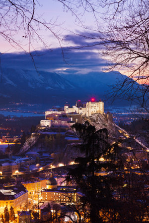 City and castle Hohensalzburg at sunset - Salzburg Austriaのeditorial素材