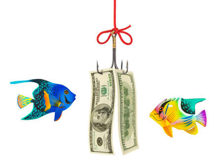 Fishing hook and money isolated on white background