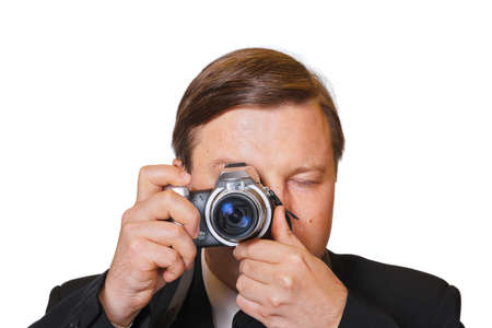 Man with camera isolated on white backgroundの写真素材