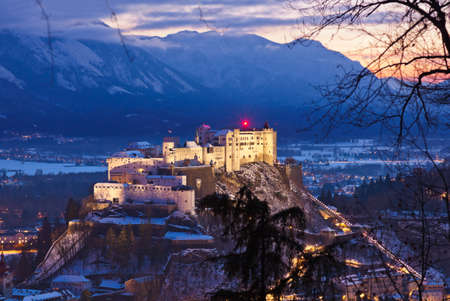City and castle Hohensalzburg at sunset - Salzburg Austriaのeditorial素材