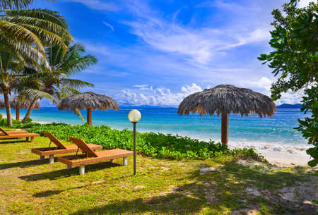 Chairs on tropical beach at Seychelles - vacation backgroundのeditorial素材