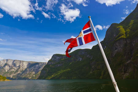 Norway flag and Sognefjord - nature and travel backgroundの写真素材