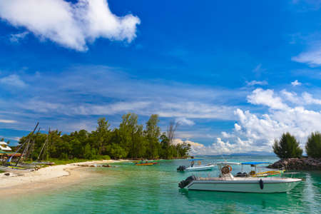 Tropical island at Seychelles and boats - nature backgroundの写真素材