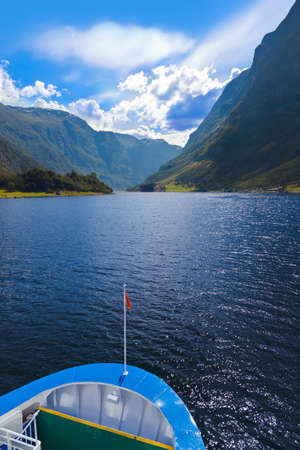 Ship and fjord Sognefjord - Norway - nature and travel backgroundの写真素材