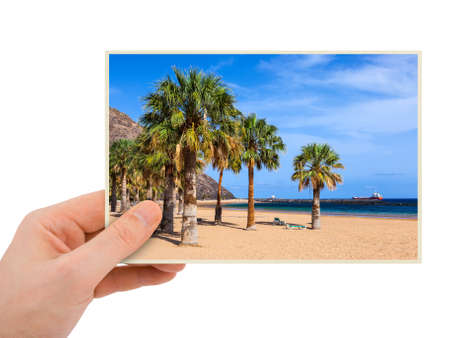 Tenerife Canary photography in hand (my photo) isolated on white backgroundの写真素材