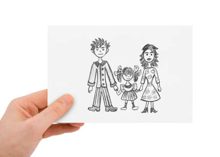 Hand with drawing happy family isolated on white backgroundの写真素材