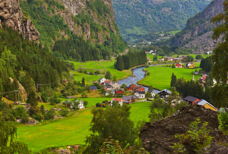 Village in Flam - Norway - nature and travel backgroundの写真素材