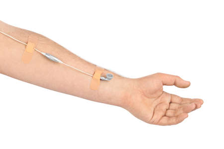 Hand with earphones like medical IV infusion isolated on white background