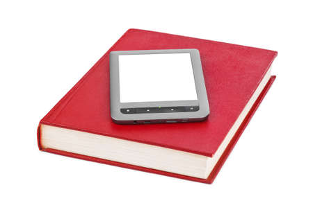 E-book reader and book isolated on white backgroundの写真素材