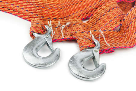 Car towing rope with metal hooks isolated on white backgroundの写真素材