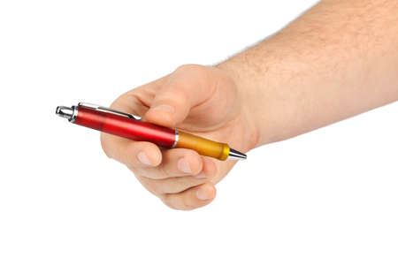 Hand giving pen isolated on white background