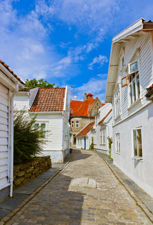 Street with white wooden houses in old centre of Stavanger - Norway - architecture backgroundの写真素材