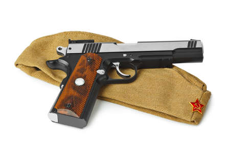 Soviet Army soldiers forage-cap and pistol isolated on white background