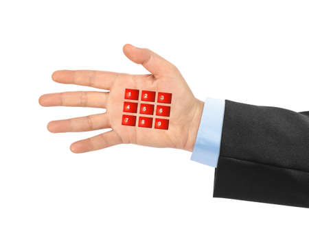 Hand with virtual phone buttons isolated on white backgroundの写真素材