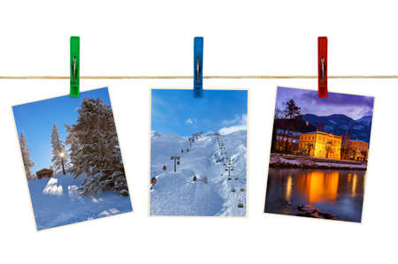 Austria mountains ski photography on clothespins isolated on white の写真素材