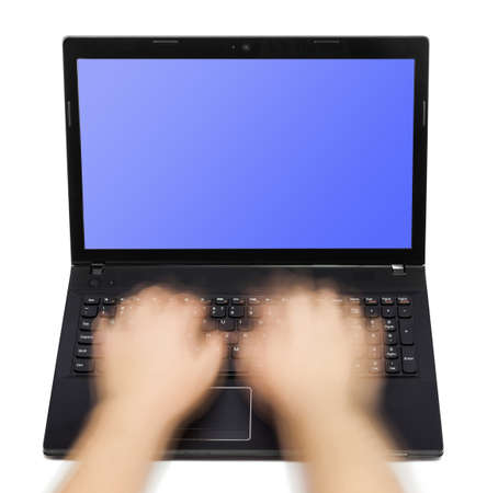 Notebook and motion blur hands isolated on white background
