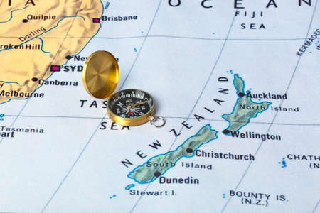 New Zeland map and compass - travel backgroundの写真素材
