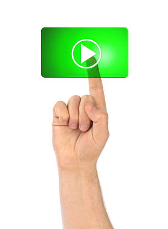 Hand and button Play isolated on white backgroundの写真素材