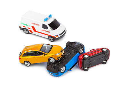 Crash toy cars and ambulance car isolated on white background
