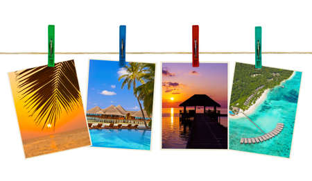 Maldives beach images (my photos) on clothespins isolated on white backgroundのeditorial素材