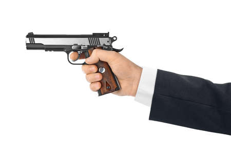 Hand with pistol isolated on white backgroundの写真素材