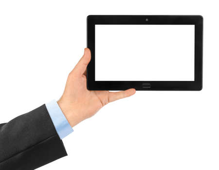 Hand with touchpad pc isolated on white background