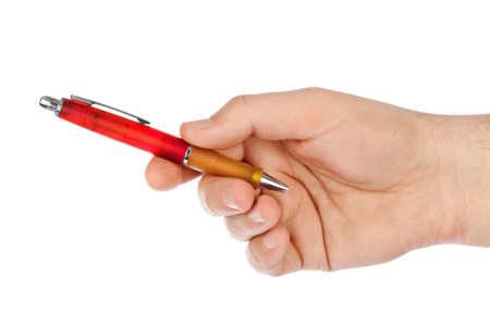 Hand giving pen isolated on white backgroundの写真素材