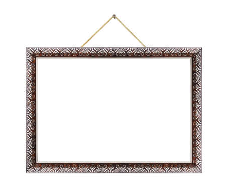 Retro metal frame on rope isolated on white backgroundの写真素材